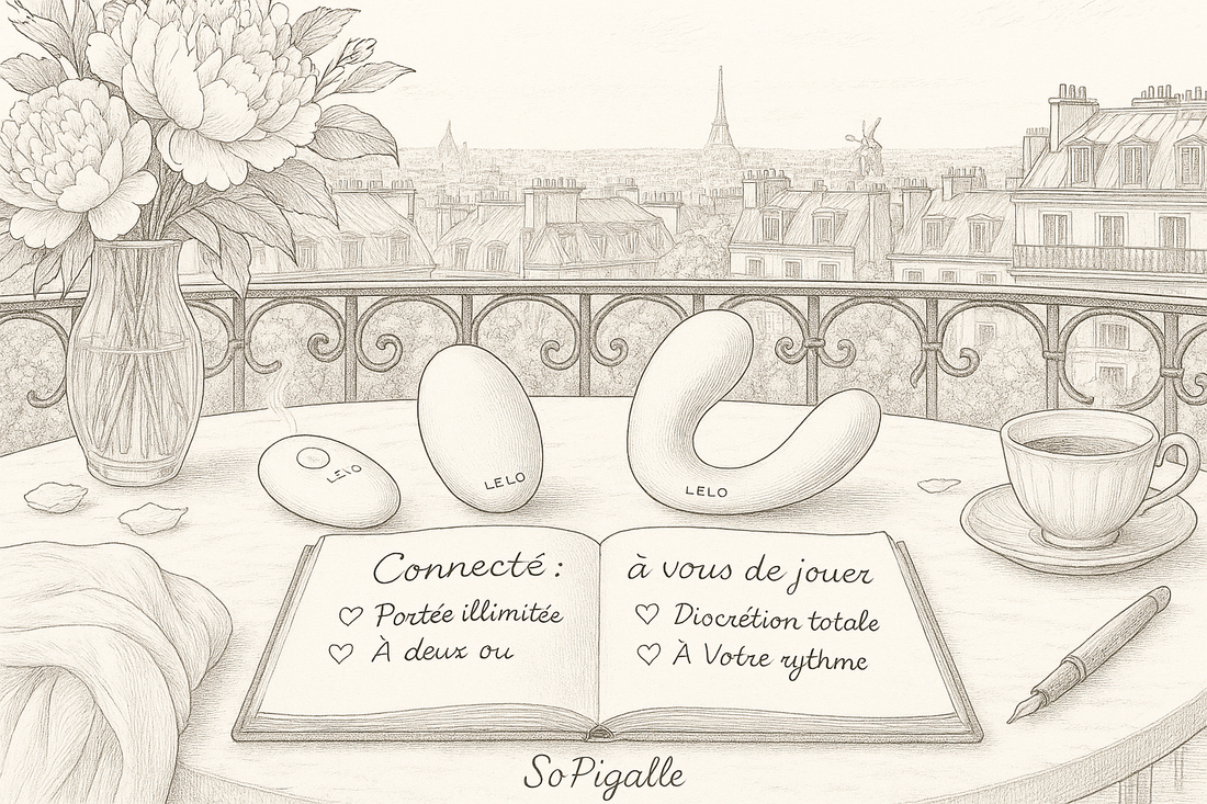 Illustration éditoriale noir et blanc : œuf vibrant, télécommande ovale et masseur pour couples disposés sur marbre, Moulin Rouge au loin.