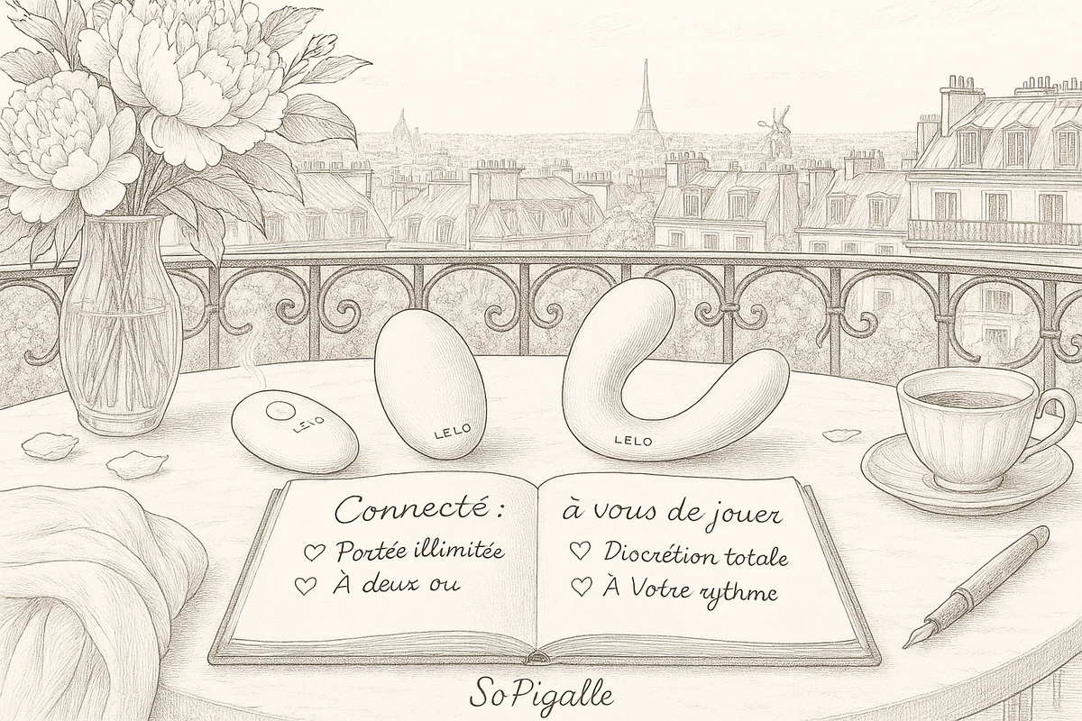 Illustration éditoriale noir et blanc : œuf vibrant, télécommande ovale et masseur pour couples disposés sur marbre, Moulin Rouge au loin.
