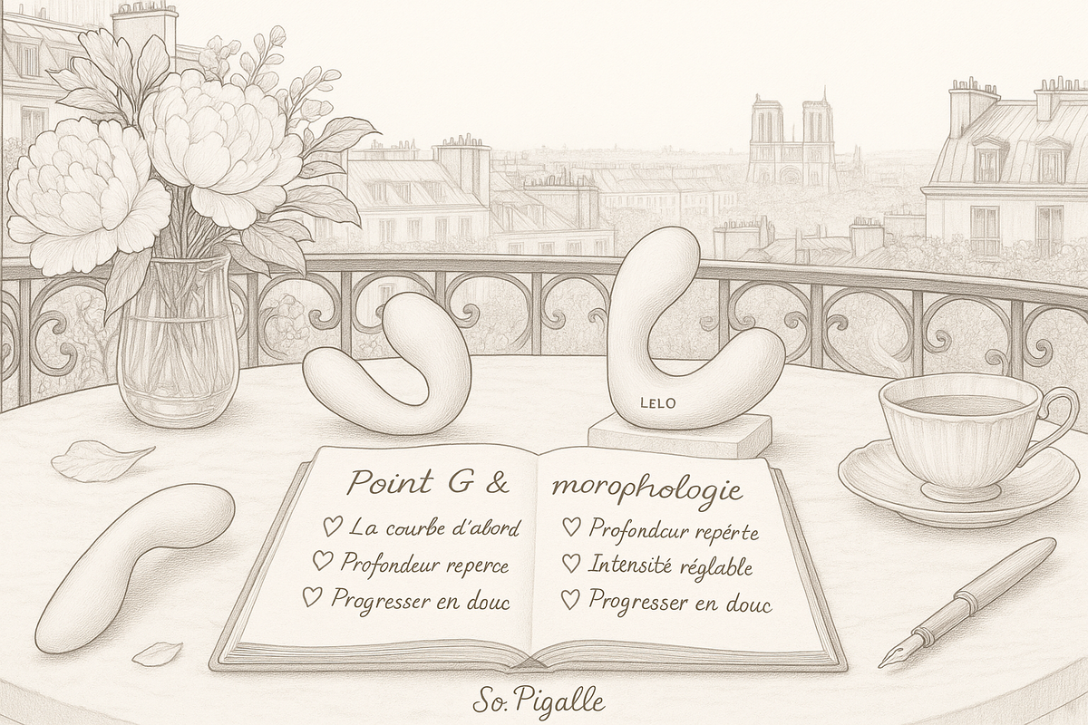 Illustration éditoriale noir et blanc : deux vibromasseurs courbés et un carnet ouvert sur fond blanc, Notre-Dame en arrière-plan flou.