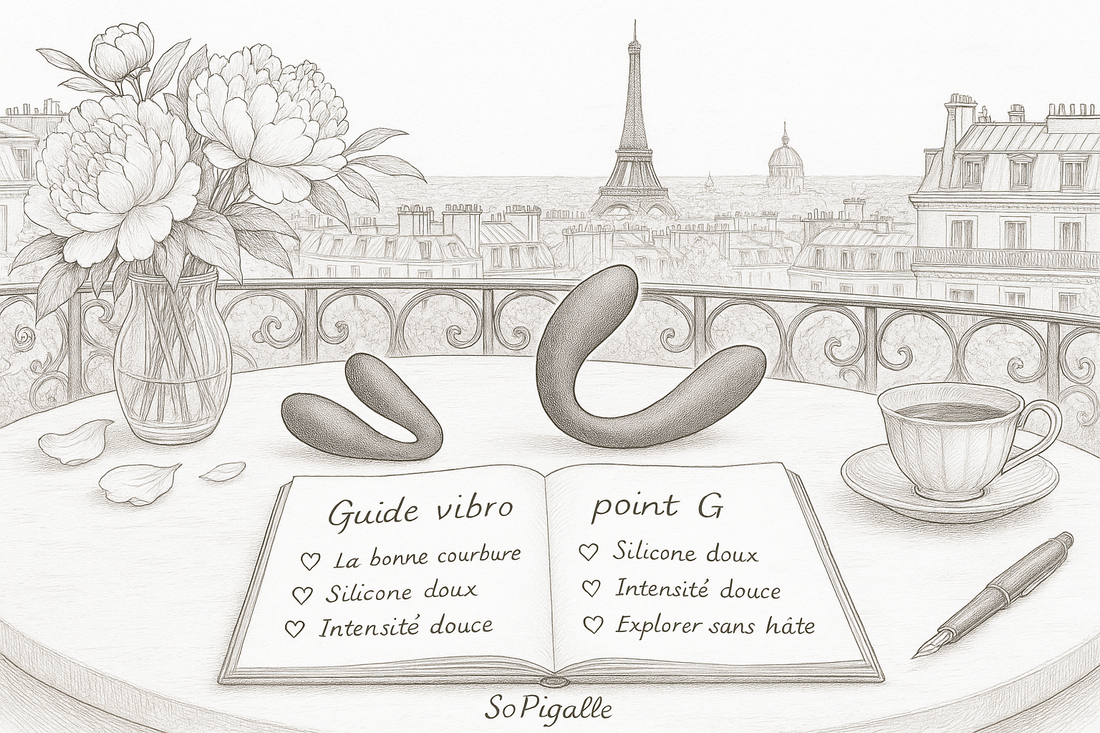 Illustration éditoriale noir et blanc : vibromasseurs point G courbés et carnet ouvert, guide débutant SoPigalle.