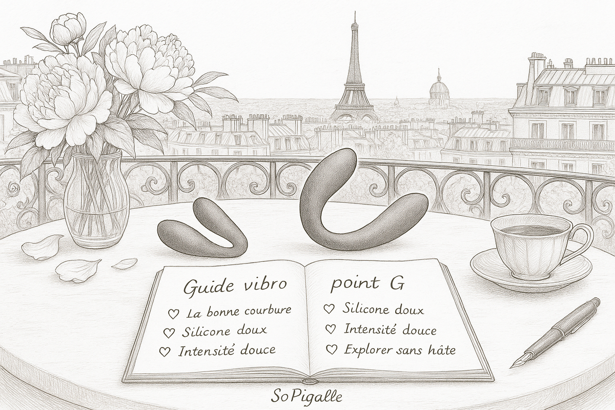 Illustration éditoriale noir et blanc : vibromasseurs point G courbés et carnet ouvert, guide débutant SoPigalle.