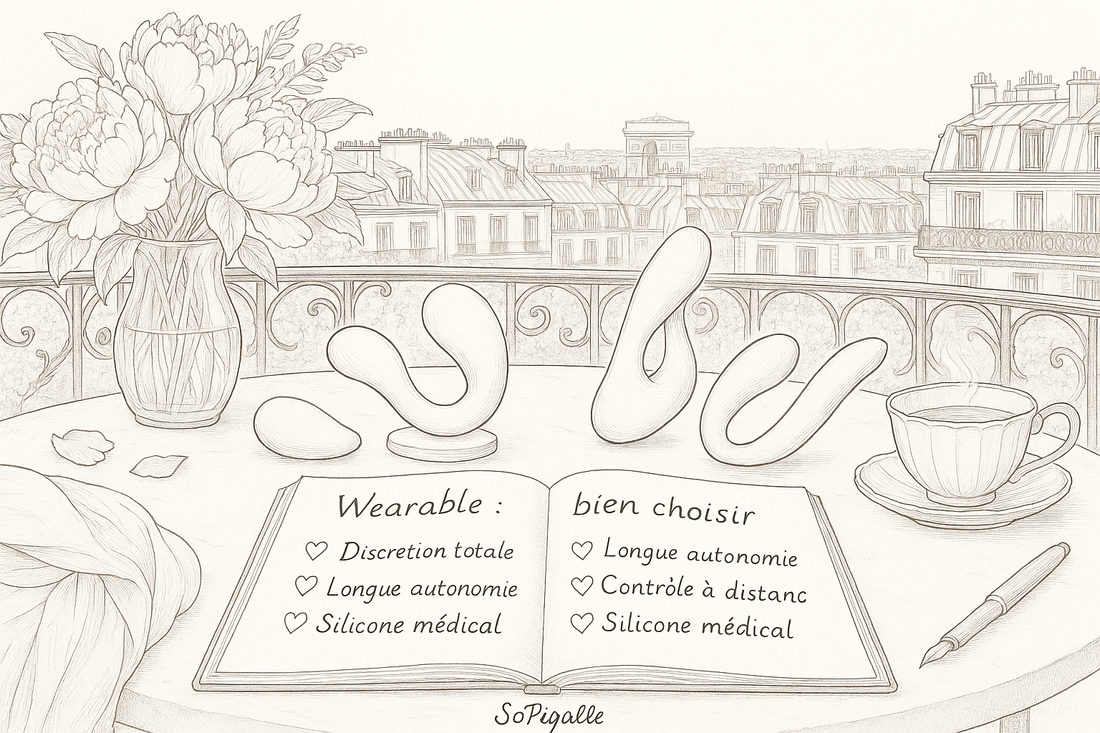 Illustration éditoriale noir et blanc : quatre stimulateurs portables wearable disposés en arc sur marbre, Arc de Triomphe en arrière-plan.