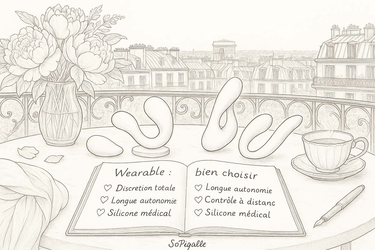 Illustration éditoriale noir et blanc : quatre stimulateurs portables wearable disposés en arc sur marbre, Arc de Triomphe en arrière-plan.