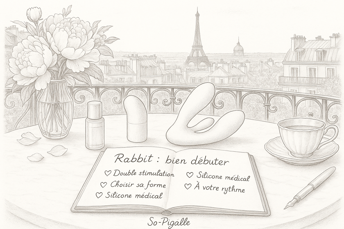 Illustration éditoriale noir et blanc : rabbit vibrant et flacon de lubrifiant sur marbre, tour Eiffel en arrière-plan.