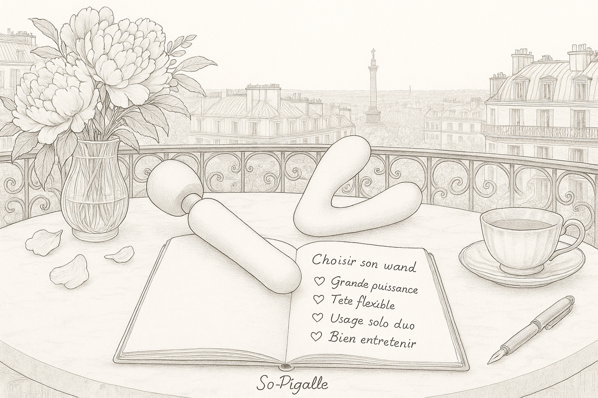 Illustration éditoriale noir et blanc : deux baguettes wand de tailles différentes posées sur du marbre, avec un carnet ouvert.