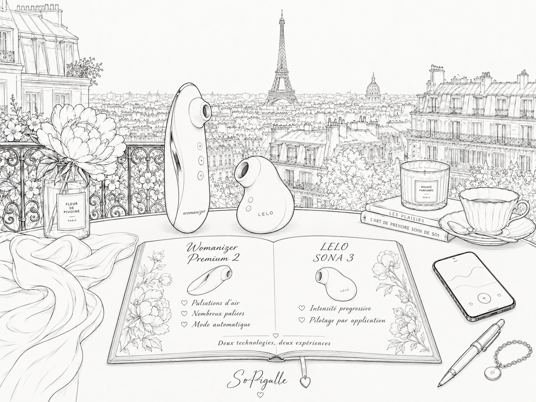 Illustration éditoriale noir et blanc : le Womanizer Premium 2 et le LELO SONA 3 posés sur une table face aux toits de Paris, avec un carnet comparant leurs deux technologies.
