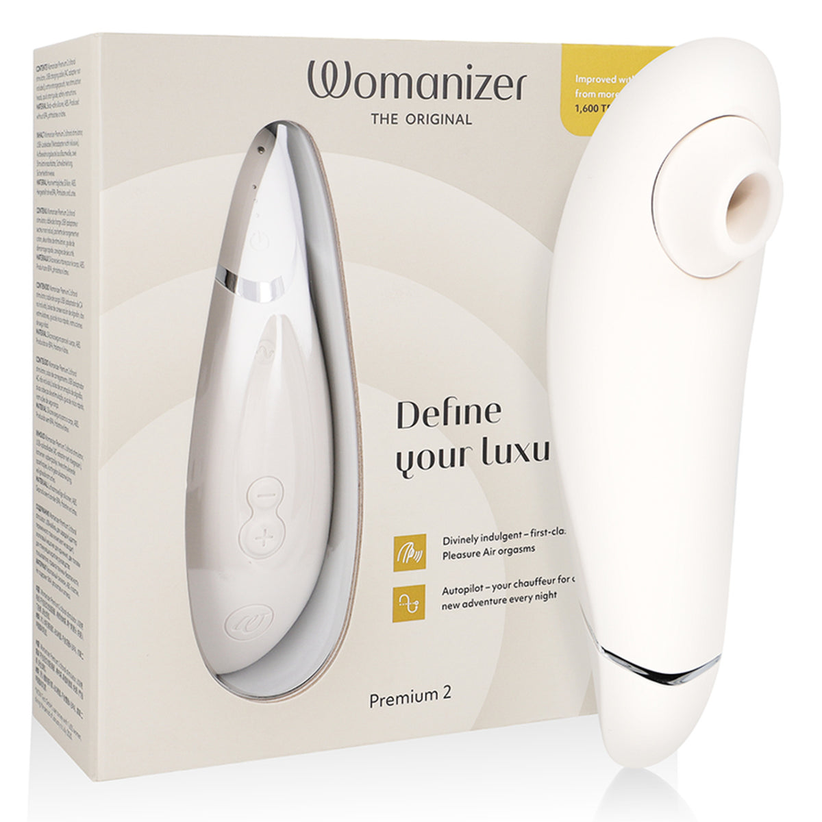 Stimulateur clitoridien Womanizer Premium 2 gris chaud et ses deux embouts Pleasure Air