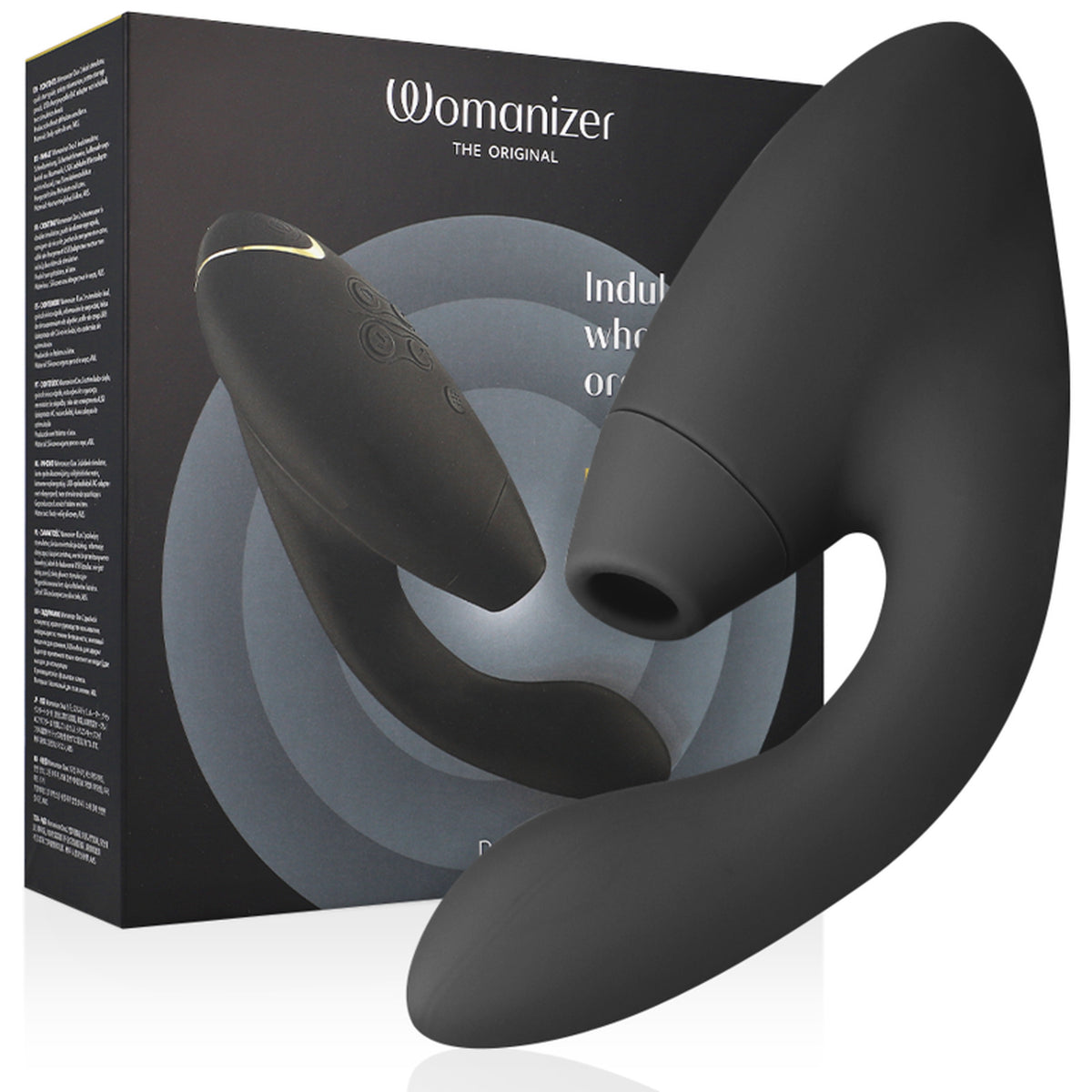 Double stimulateur Womanizer Duo 2 noir, ouverture Pleasure Air et tige vibrante