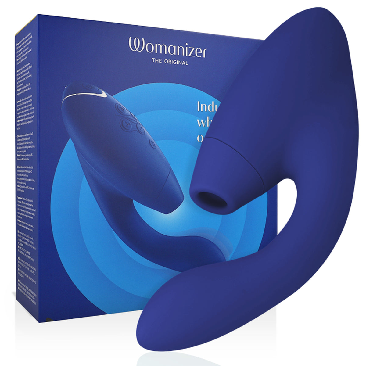 Double stimulateur Womanizer Duo 2 bleu, ouverture Pleasure Air et tige vibrante