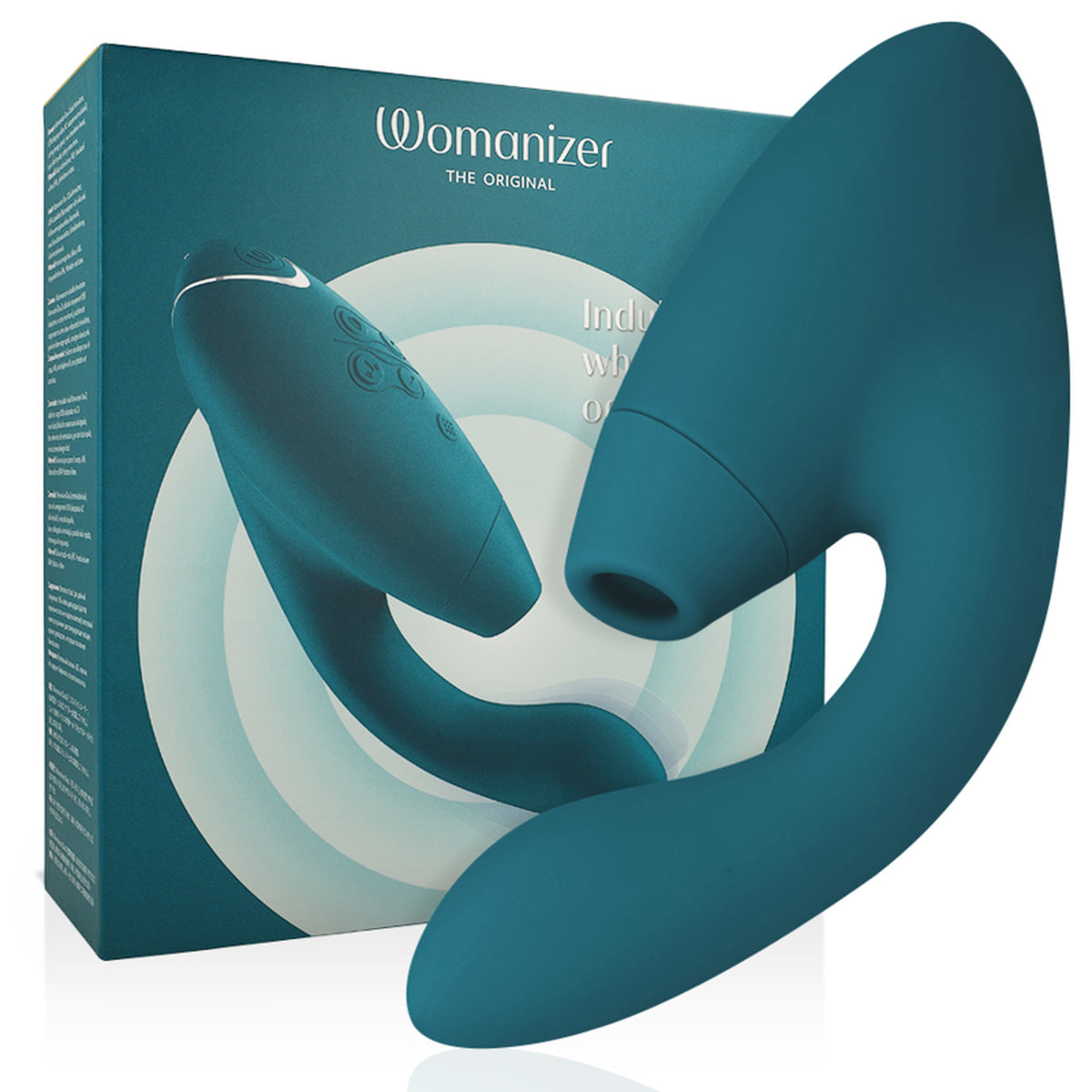 Double stimulateur Womanizer Duo 2 bleu pétrole, ouverture Pleasure Air et tige vibrante