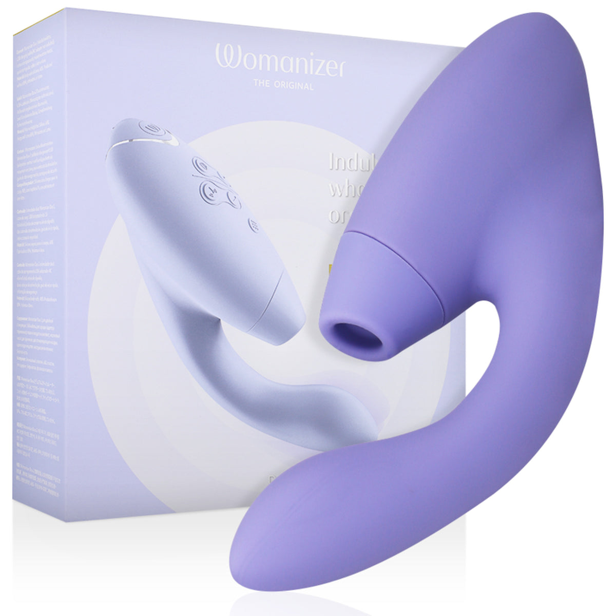 Double stimulateur Womanizer Duo 2 lilas, ouverture Pleasure Air et tige vibrante