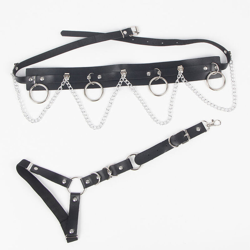 SUBBLIME - HARNAIS CEINTURE ET JARRETIÈRES AVEC ANNEAUX ET CHAÎNE DÉTAIL TAILLE UNIQUE SUBBLIME FETISH