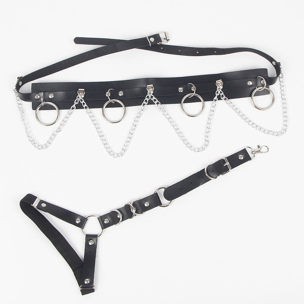 SUBBLIME - HARNAIS CEINTURE ET JARRETIÈRES AVEC ANNEAUX ET CHAÎNE DÉTAIL TAILLE UNIQUE SUBBLIME FETISH