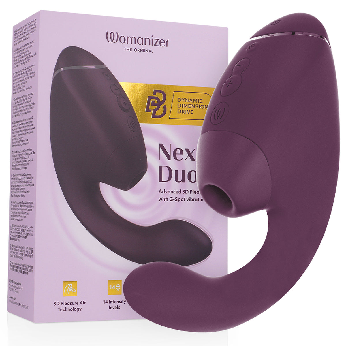 Double stimulateur Womanizer Duo Next violet, tête Pleasure Air et bras interne vibrant