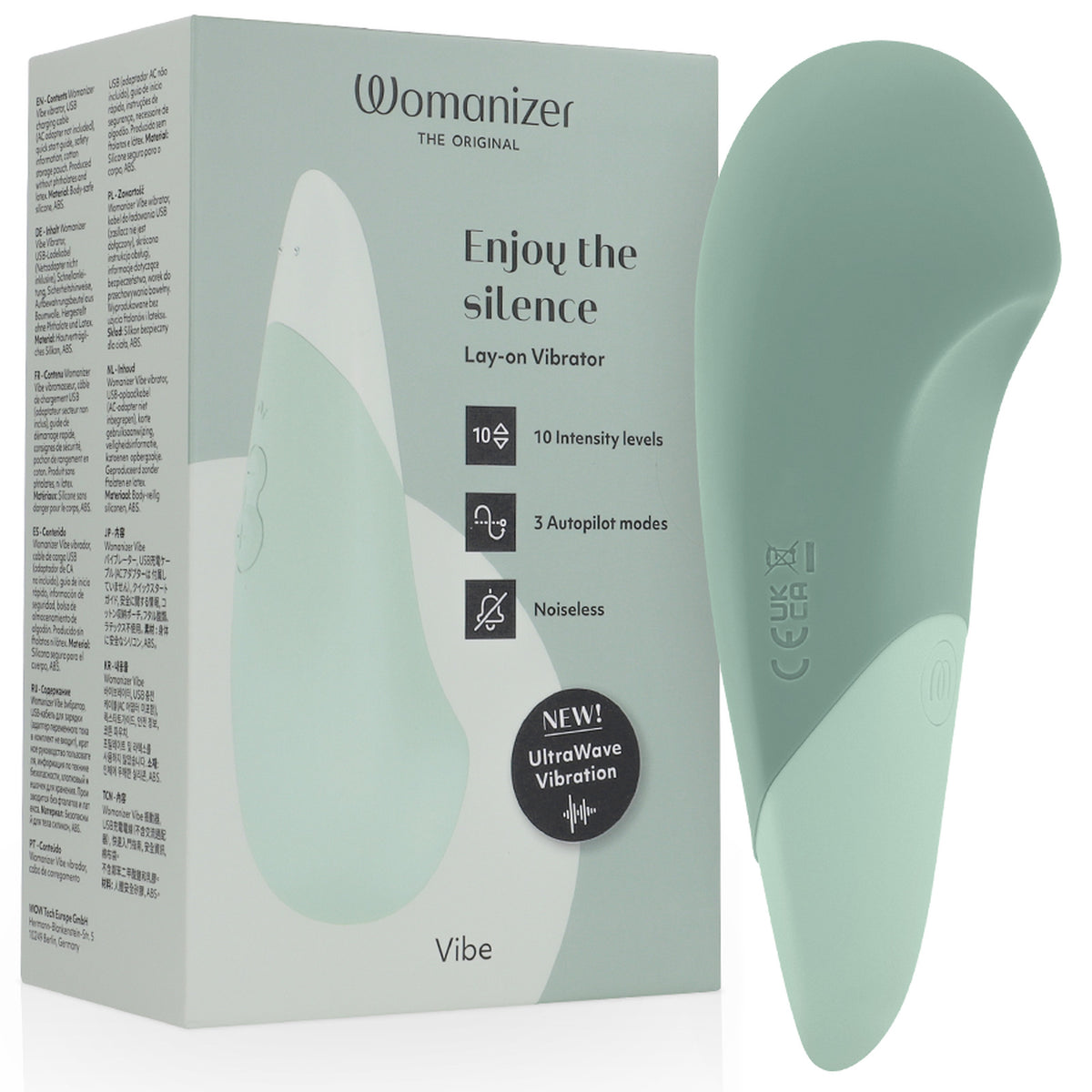 Vibromasseur clitoridien Womanizer Vibe vert sauge, surface large et bords incurvés