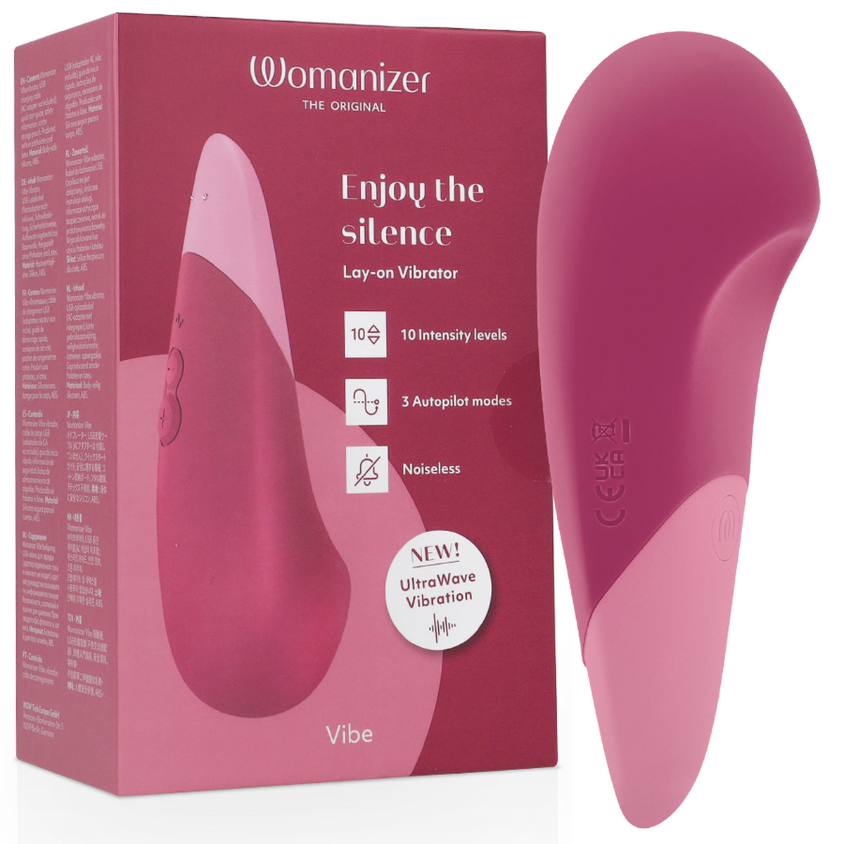 Vibromasseur clitoridien Womanizer Vibe rose poudré, surface large et bords incurvés