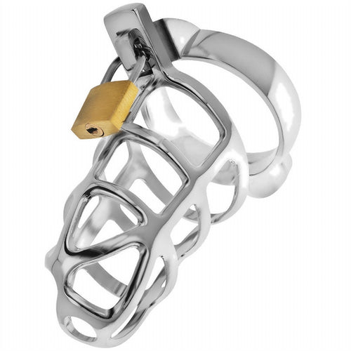 Addicted Toys Locked - Silver Lock, cage à pénis métal 86 mm - vue produit sur fond blanc