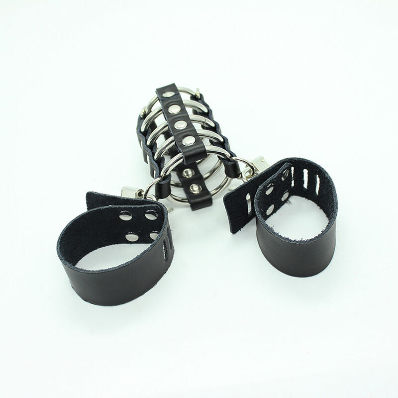 OHMAMA FETISH - CAGE  PÉNIS AVEC ANNEAUX MÉTALLIQUES ET SANGLE EN CUIR OHMAMA FETISH