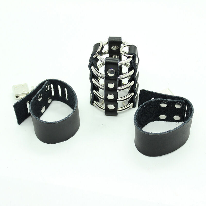 OHMAMA FETISH - CAGE  PÉNIS AVEC ANNEAUX MÉTALLIQUES ET SANGLE EN CUIR OHMAMA FETISH