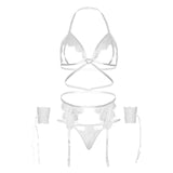 LEG AVENUE - ENSEMBLE QUATRE PIÈCES SOUTIEN-GORGE, STRING, PORTE-JARRETELLES ET POIGNETS TAILLE UNIQUE - BLANC LEG AVENUE SETS