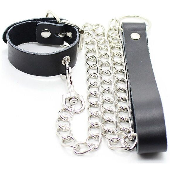 OHMAMA FETISH - COLLIER PÉNIS ET BRACELET EN CUIR AVEC CHAÎNE MÉTALLIQUE OHMAMA FETISH