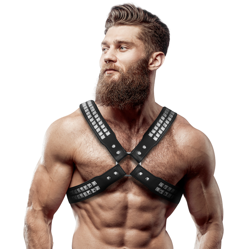 FETISH SUBMISSIVE ATTITUDE - HARNAIS EN CUIR ÉCOLOGIQUE POUR HOMMES  POITRINE CROISÉE AVEC RIVETS FETISH SUBMISSIVE ATTITUDE