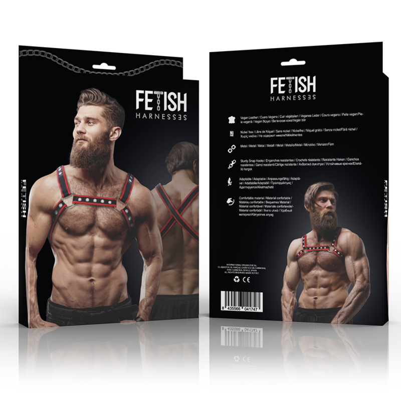 FETISH SUBMISSIVE ATTITUDE - HARNAIS DE POITRINE BULLDOG EN CUIR ÉCOLOGIQUE POUR HOMMES NOIR/ROUGE FETISH SUBMISSIVE ATTITUDE