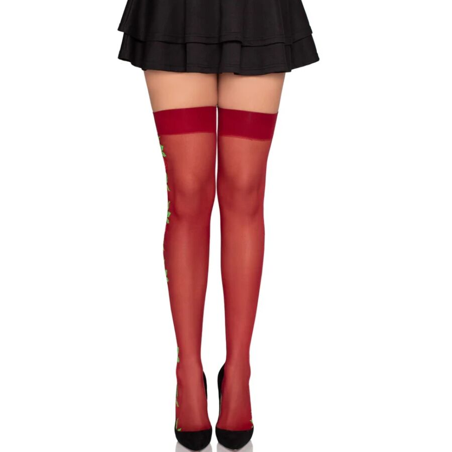 LEG AVENUE - BAS PORTE-JARRETELLES 1957 À FLEURS ROUGES - TAILLE UNIQUE LEG AVENUE HOSIERY