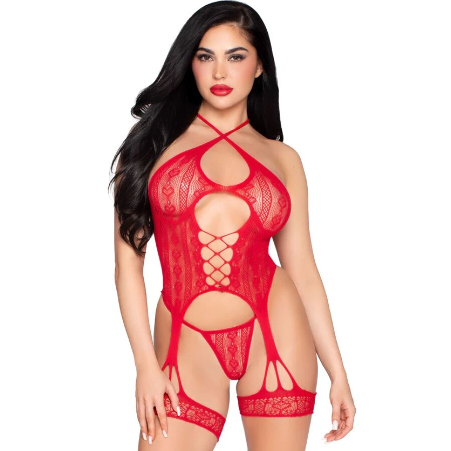 LEG AVENUE - 89338 BODY OUVERT EN DENTELLE AVEC PORTE-JARRETELLES + STRING ROUGE - TAILLE UNIQUE LEG AVENUE BODYSTOCKINGS