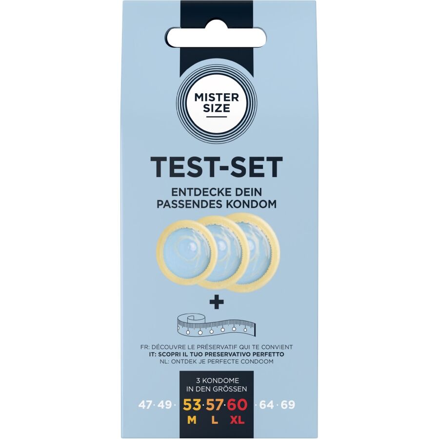 MISTER SIZE - KIT DE TEST : 3 PRÉSERVATIFS DE TAILLES DIFFÉRENTES + MÉLANGE À POINTS MISTER SIZE