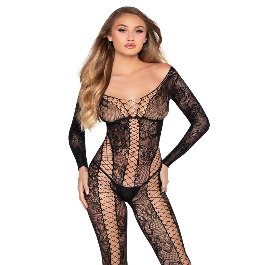 LEG AVENUE - 89369 COMBINAISON EN RÉSILLE ET DENTELLE NOIRE - TAILLE UNIQUE LEG AVENUE BODYSTOCKINGS