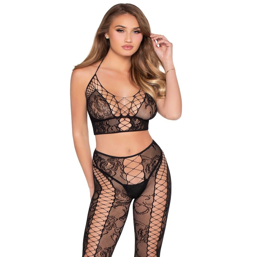 LEG AVENUE - 89368 ENSEMBLE CROP TOP ET COLLANTS NOIRS EN RÉSILLE ET DENTELLE - TAILLE UNIQUE LEG AVENUE SETS