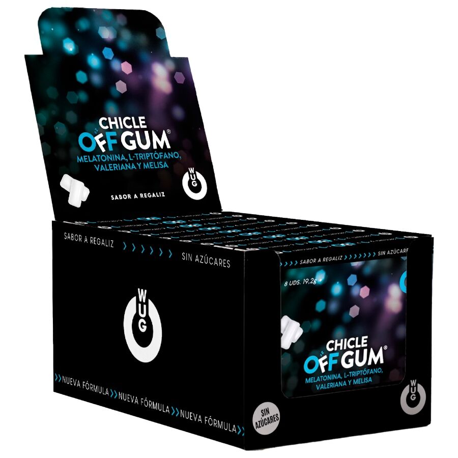 WUG GUM - OFF À BASE DE VALÉRIANE, DE TRYPTOPHANE, DE MÉLISSE ET DE MÉLATONINE | PRÉSENTOIR 12 X 8 UNITÉS WUG GUM