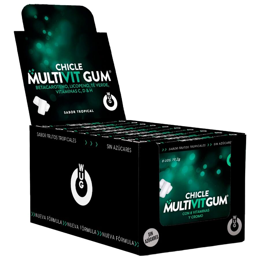 WUG GUM - MULTIVIT VITAMINES C, H, D, BÊTA-CAROTÈNE, LYCOPÈNE ET THÉ VERT | PRÉSENTOIR 12 X 8 UNITÉS WUG GUM