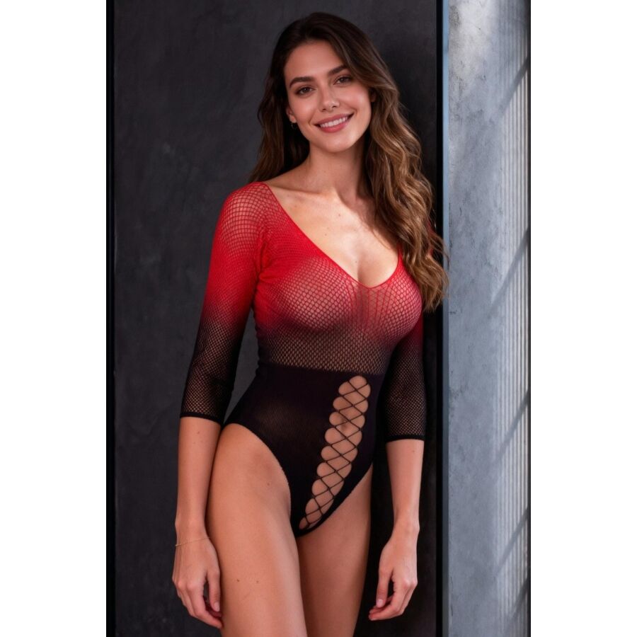 PASSION - BS118 BODYSTOCKING EN MAILLE NOIRE ET ROUGE PASSION WOMAN BODYSTOCKINGS