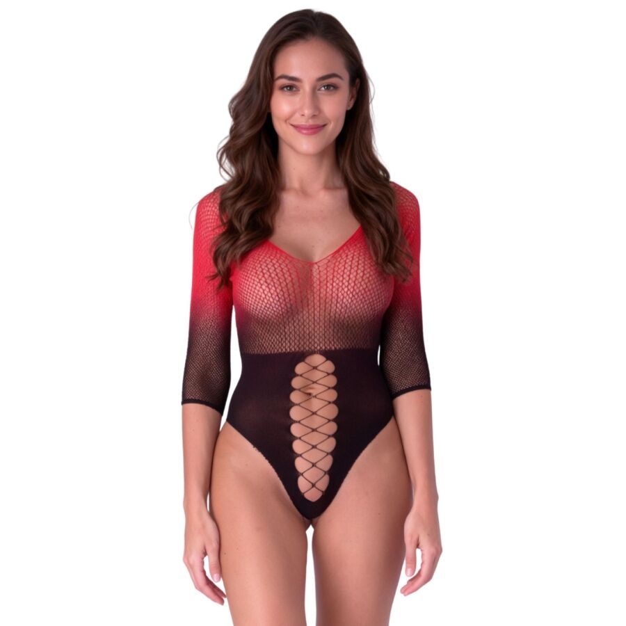 PASSION - BS118 BODYSTOCKING EN MAILLE NOIRE ET ROUGE PASSION WOMAN BODYSTOCKINGS