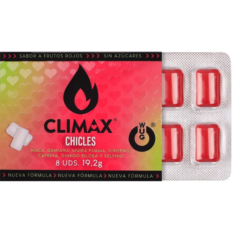 WUG Climax - Chewing-gum fonctionnel à base de maca, de damiana et de ginseng pour stimuler le désir et la vitalité intime. Plaquette thermoformée de 8 unités. WUG GUM