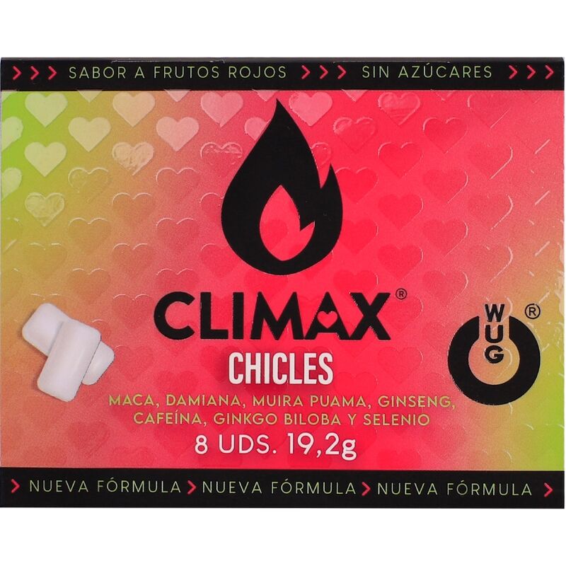 WUG Climax - Chewing-gum fonctionnel à base de maca, de damiana et de ginseng pour stimuler le désir et la vitalité intime. Plaquette thermoformée de 8 unités. WUG GUM