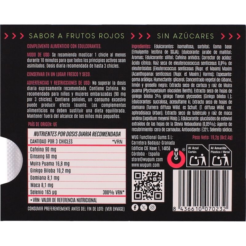 WUG Climax - Chewing-gum fonctionnel à base de maca, de damiana et de ginseng pour stimuler le désir et la vitalité intime. Plaquette thermoformée de 8 unités. WUG GUM