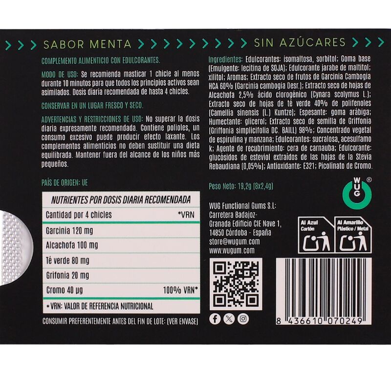 WUG Diet - Contrôle de l'appétit et réduction du grignotage - Plaquette thermoformée de 8 unités WUG GUM
