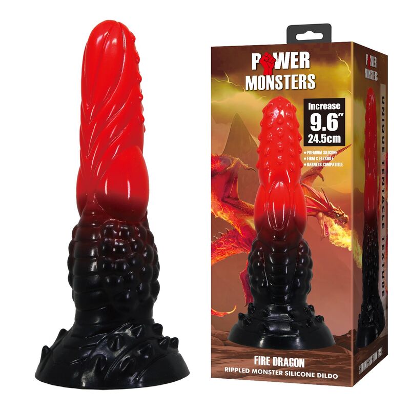 POWER MONSTERS - GODEMICHÉ FANTAISIE DRAGON DE FEU AVEC VENTOUSE 24,5 CM Ø 5,8 CM ROUGE ET NOIR POWER MONSTERS