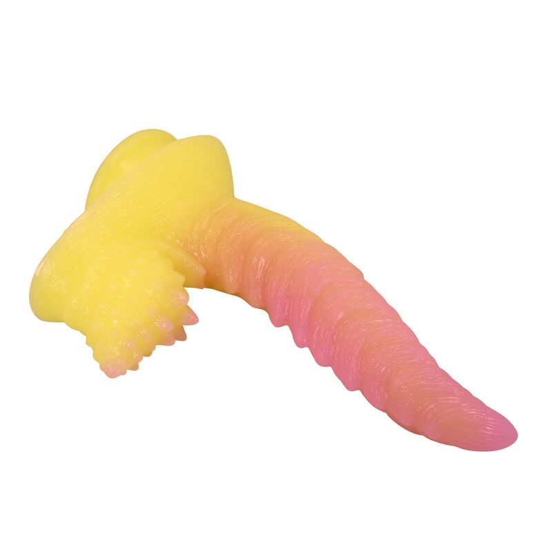 POWER MONSTERS - GODEMICHET MONSTRE ONDULÉ FANTASY AVEC VENTOUSE 22,5 CM Ø 5,5 CM ROSE ET JAUNE POWER MONSTERS