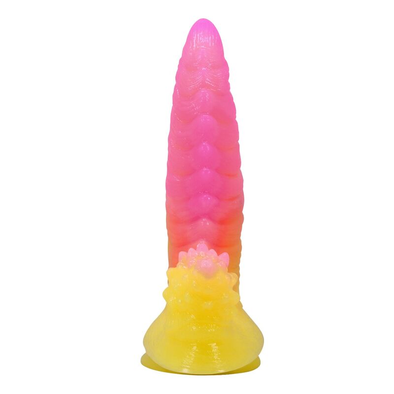 POWER MONSTERS - GODEMICHET MONSTRE ONDULÉ FANTASY AVEC VENTOUSE 22,5 CM Ø 5,5 CM ROSE ET JAUNE POWER MONSTERS
