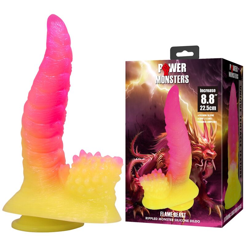 POWER MONSTERS - GODEMICHET MONSTRE ONDULÉ FANTASY AVEC VENTOUSE 22,5 CM Ø 5,5 CM ROSE ET JAUNE POWER MONSTERS