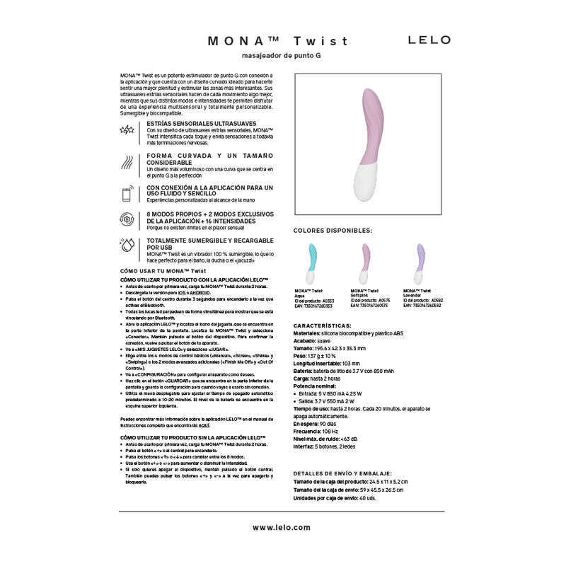 LELO - MONA TWIST VIBRATEUR POINT G RECHARGEABLE CONTRÔLÉ PAR APPLICATION LAVANDE LELO