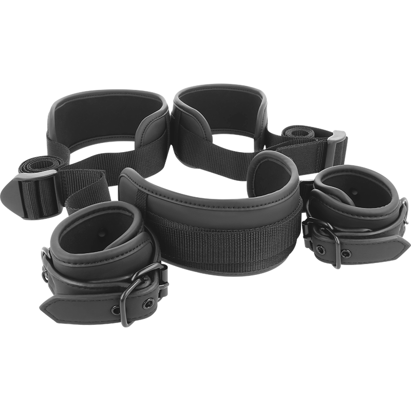 FETISH SUBMISSIVE - POSITION MAÎTRE AVEC 4 MENOTTES DOUBLÉES DE NOPRÈNE FETISH SUBMISSIVE BONDAGE